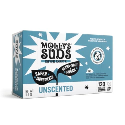 Molly's Suds Fabric Softener Dryer Sheets for Sensitive Skin, Unscented, 120 Sheets