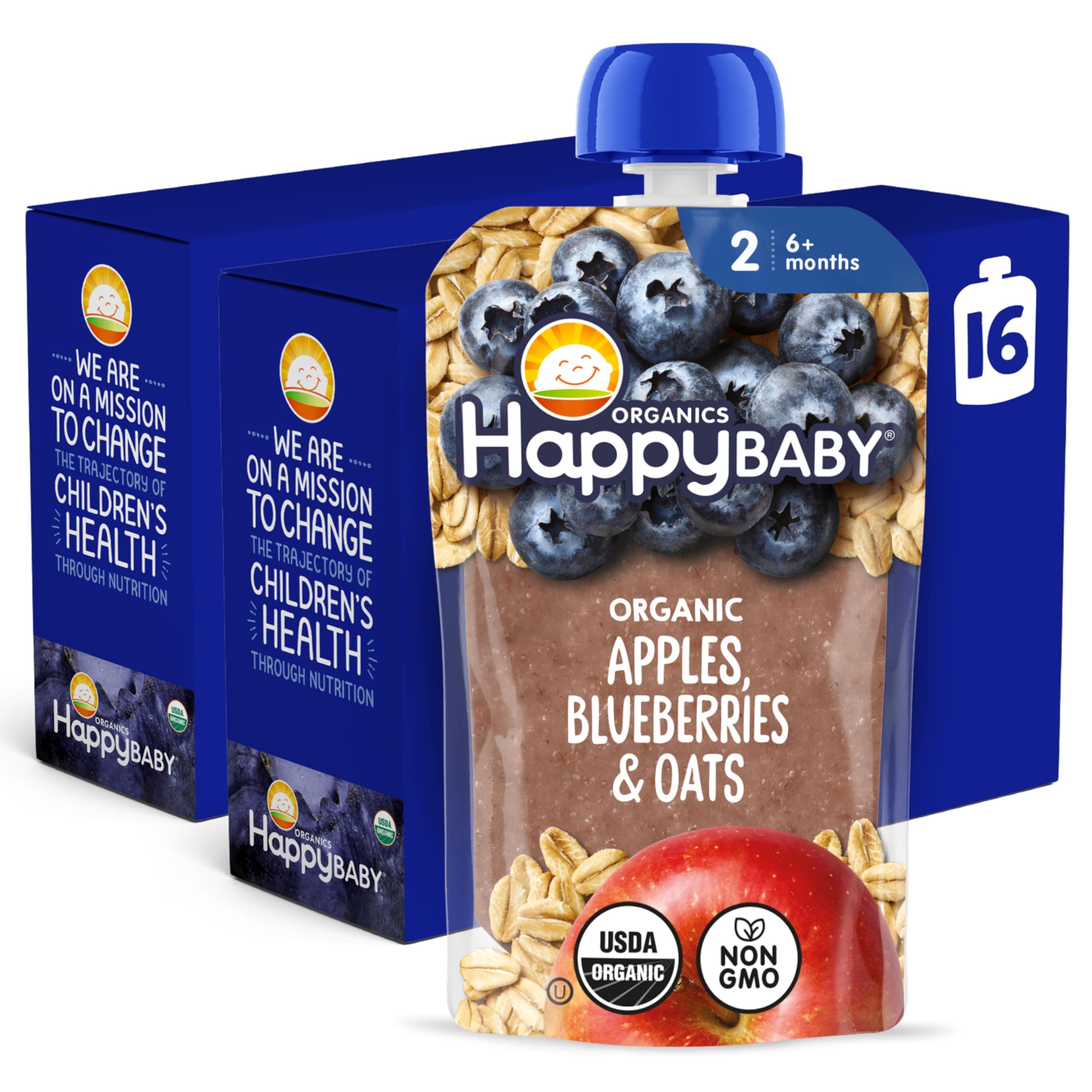 Happy Baby Organics Clearly Crafted Stage 2 Baby Food, Apples, Blueberries & Oats, 4 oz (Pack of 16)