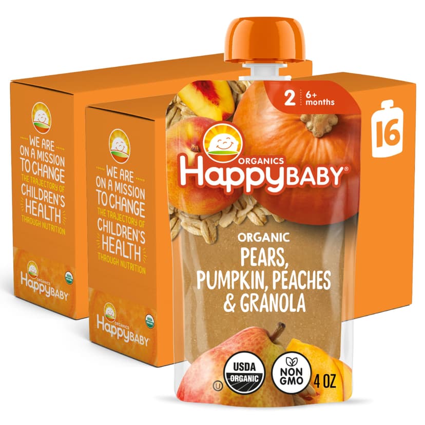 Happy Baby Organics Clearly Crafted Stage 2 Baby Food, Pumpkin, Peaches & Granola, 4 oz (Pack of 16)
