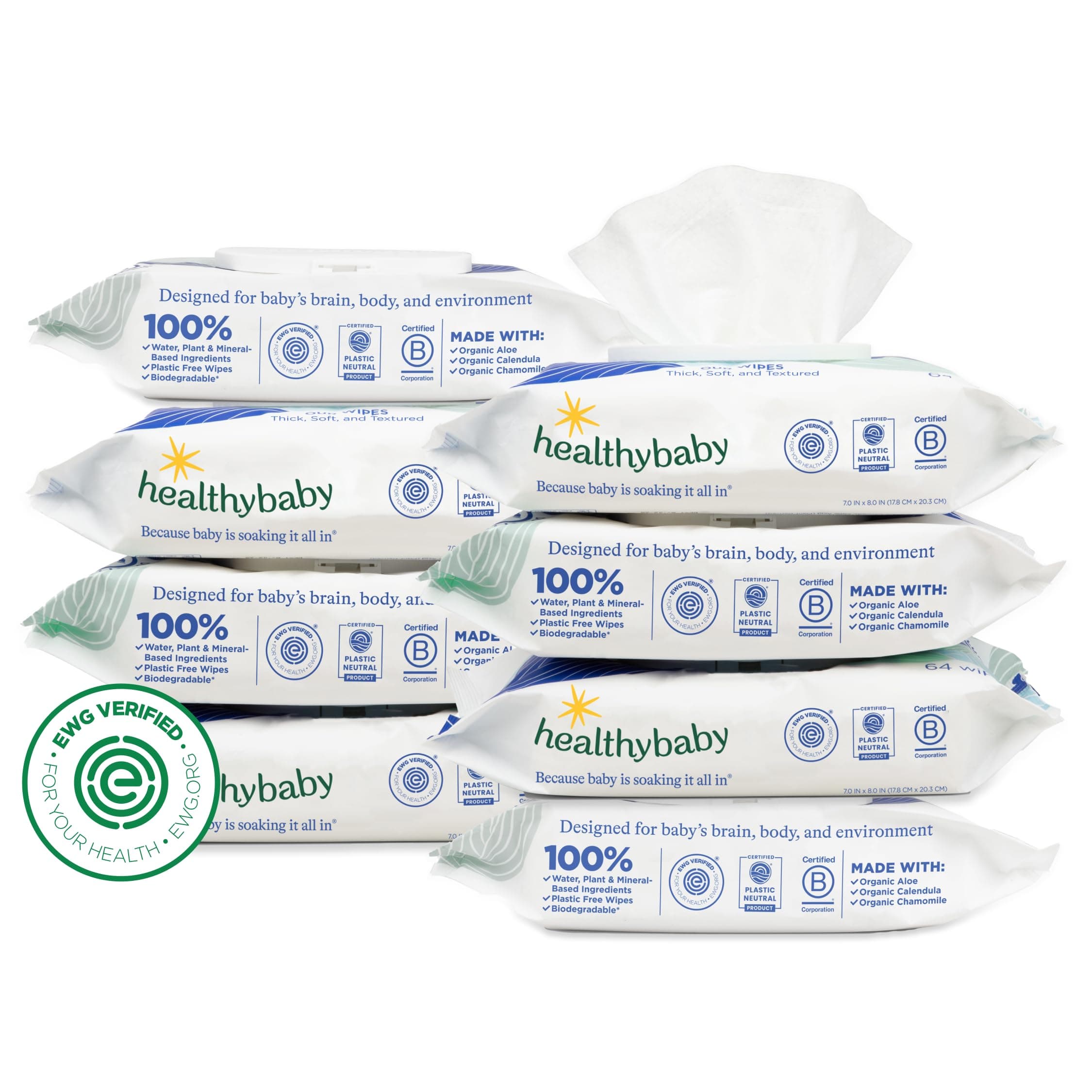 HealthyBaby Wet Wipes, 100% Water & Plant Based, Unscented, 8-pack