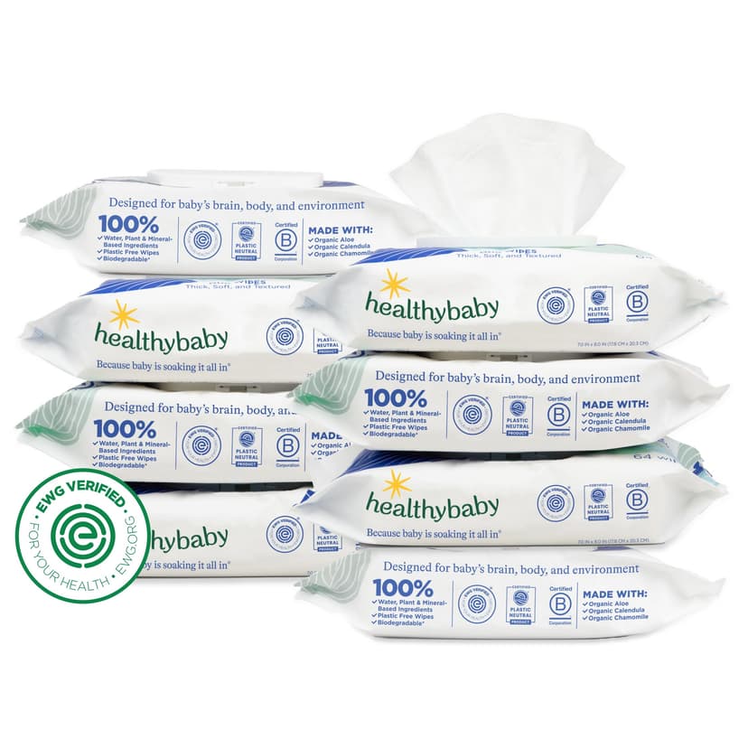 HealthyBaby Wet Wipes, 100% Water & Plant Based, Unscented, 8-pack