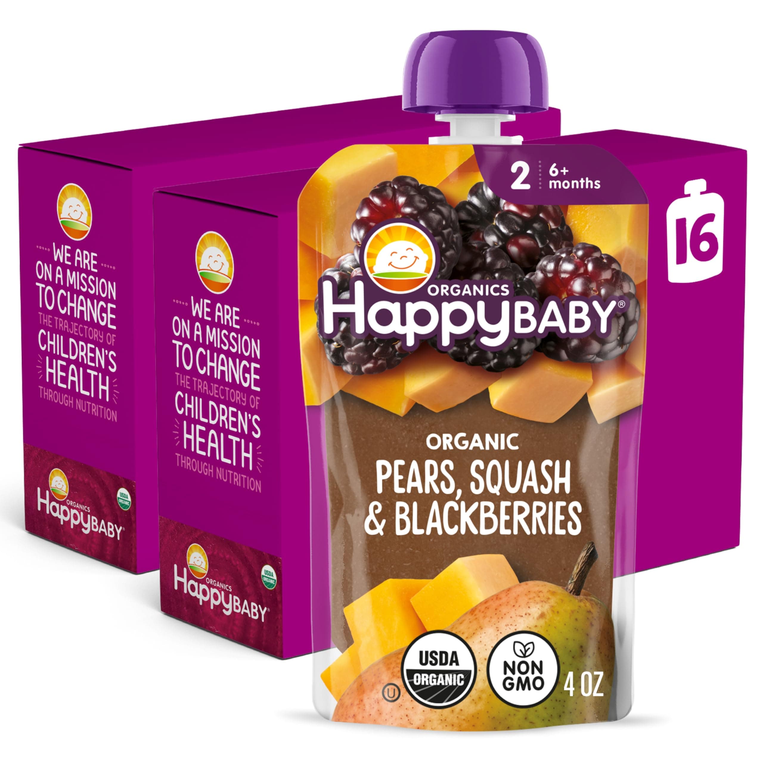 Happy Baby Organics Clearly Crafted Stage 2 Baby Food, Pears, Squash & Blackberries, 4 oz (Pack of 16)