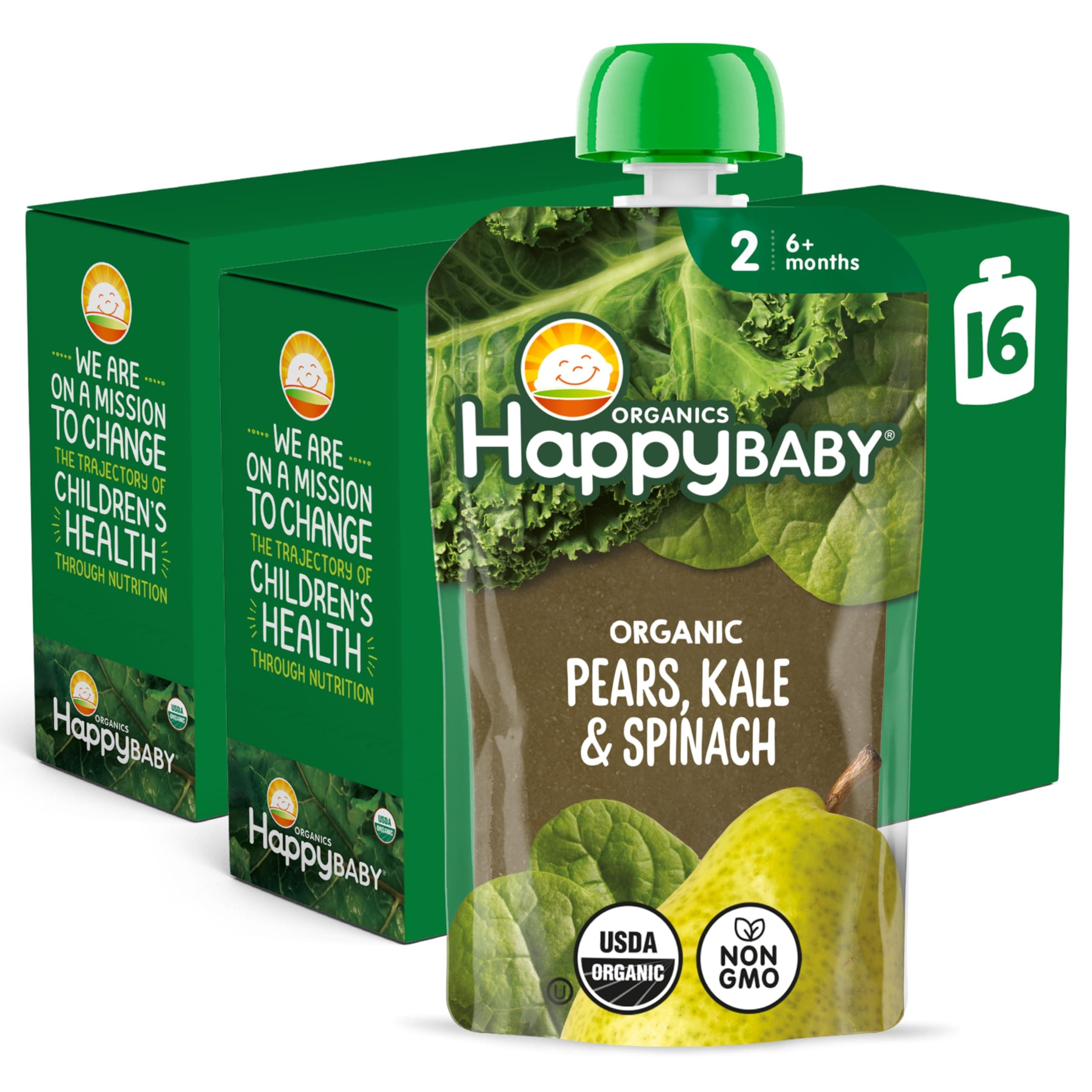 Happy Baby Organics Clearly Crafted Stage 2 Baby Food, Pears, Kale & Spinach, 4 oz (Pack of 16)