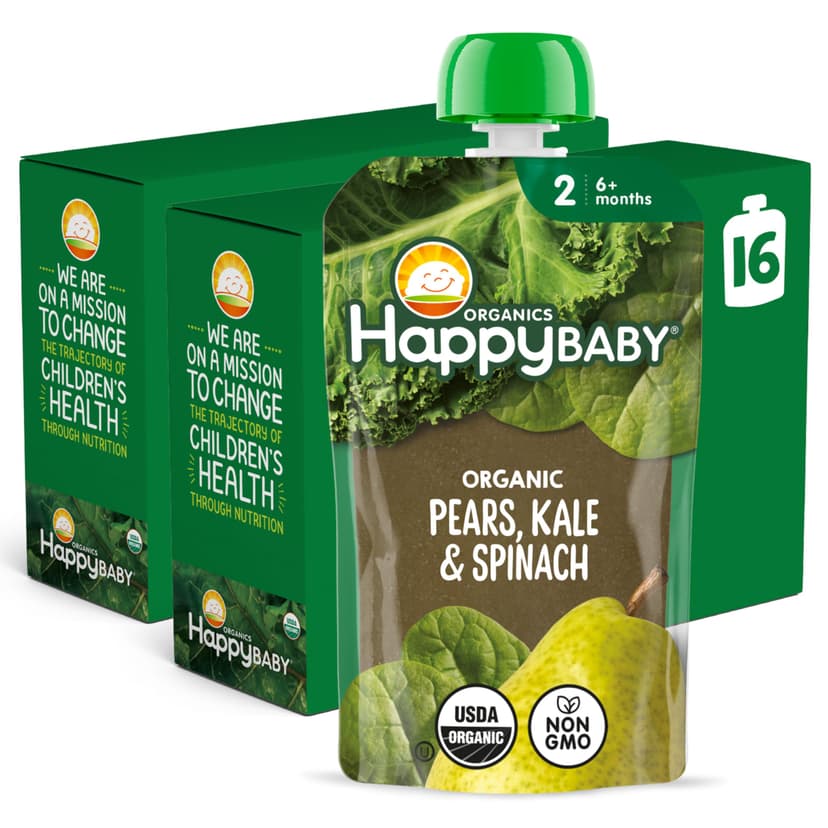Happy Baby Organics Clearly Crafted Stage 2 Baby Food, Pears, Kale & Spinach, 4 oz (Pack of 16)