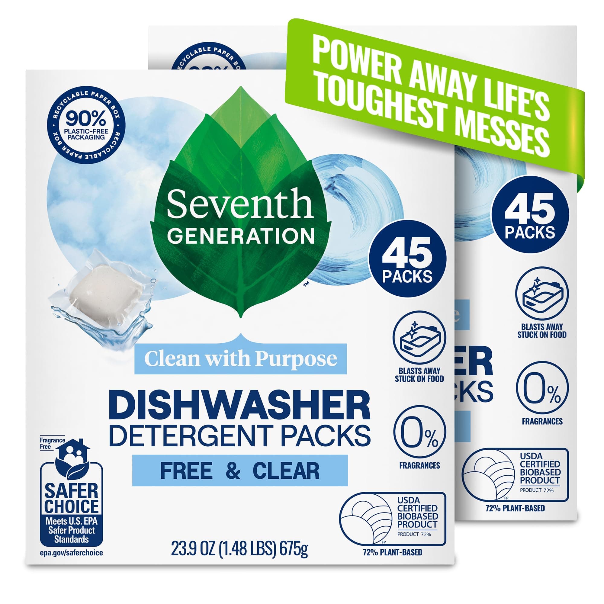 Seventh Generation Dishwasher Detergent Packs, Free & Clear, 45 Count (2-Pack)