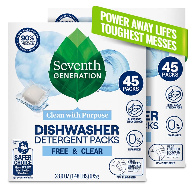 Seventh Generation Dishwasher Detergent Packs, Free & Clear, 45 Count (2-Pack)