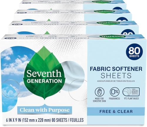 Seventh Generation Dryer Sheets, Free & Clear (80 ct, Pack of 4)